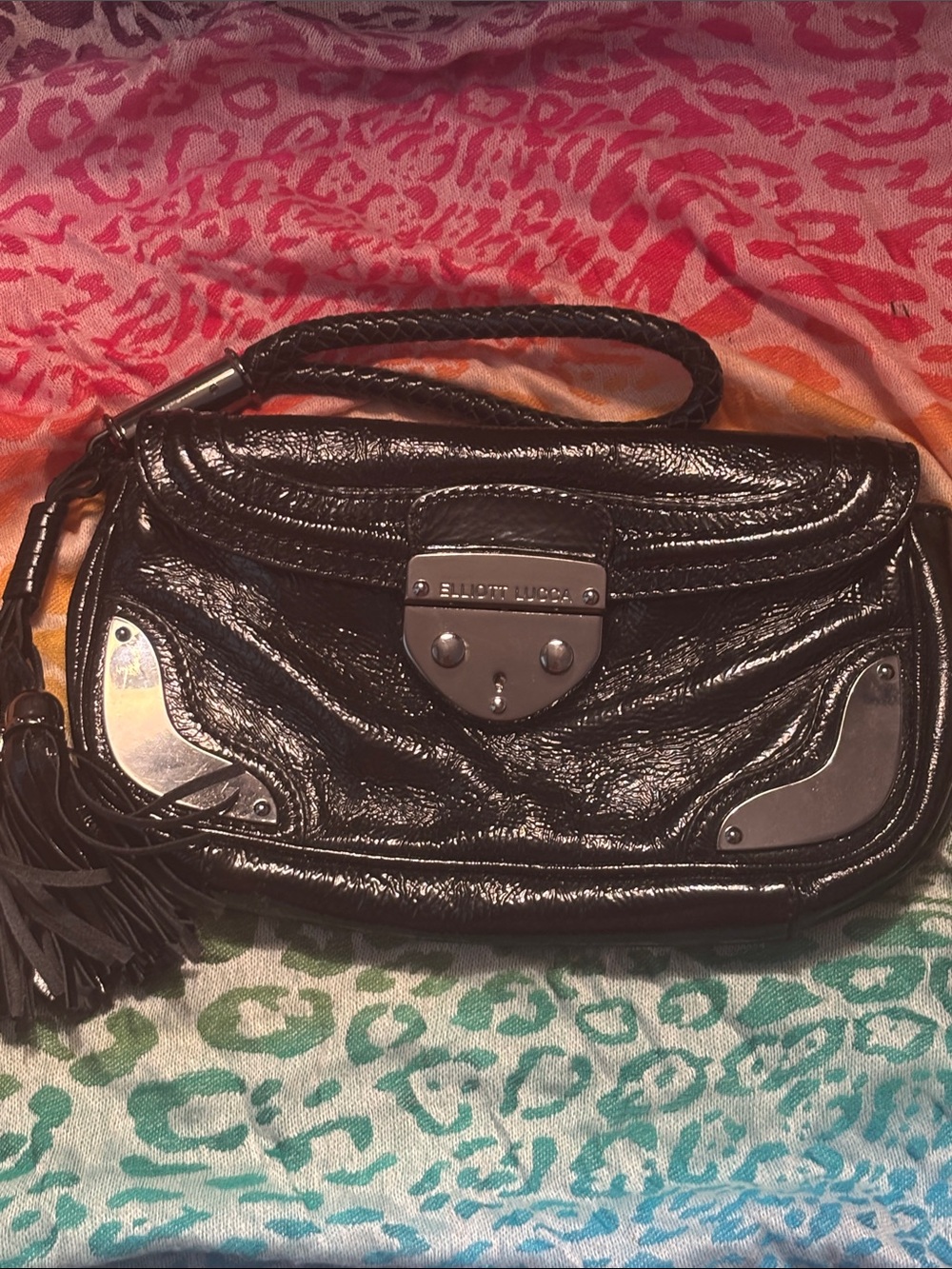 Elliott Lucca Black Patent Leather Tassel Wristlet Clutch